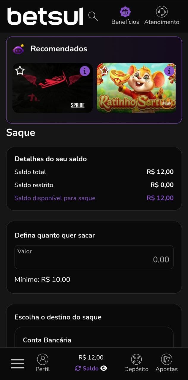 Tela de saque na Betsul mostrando saldo disponível via Pix