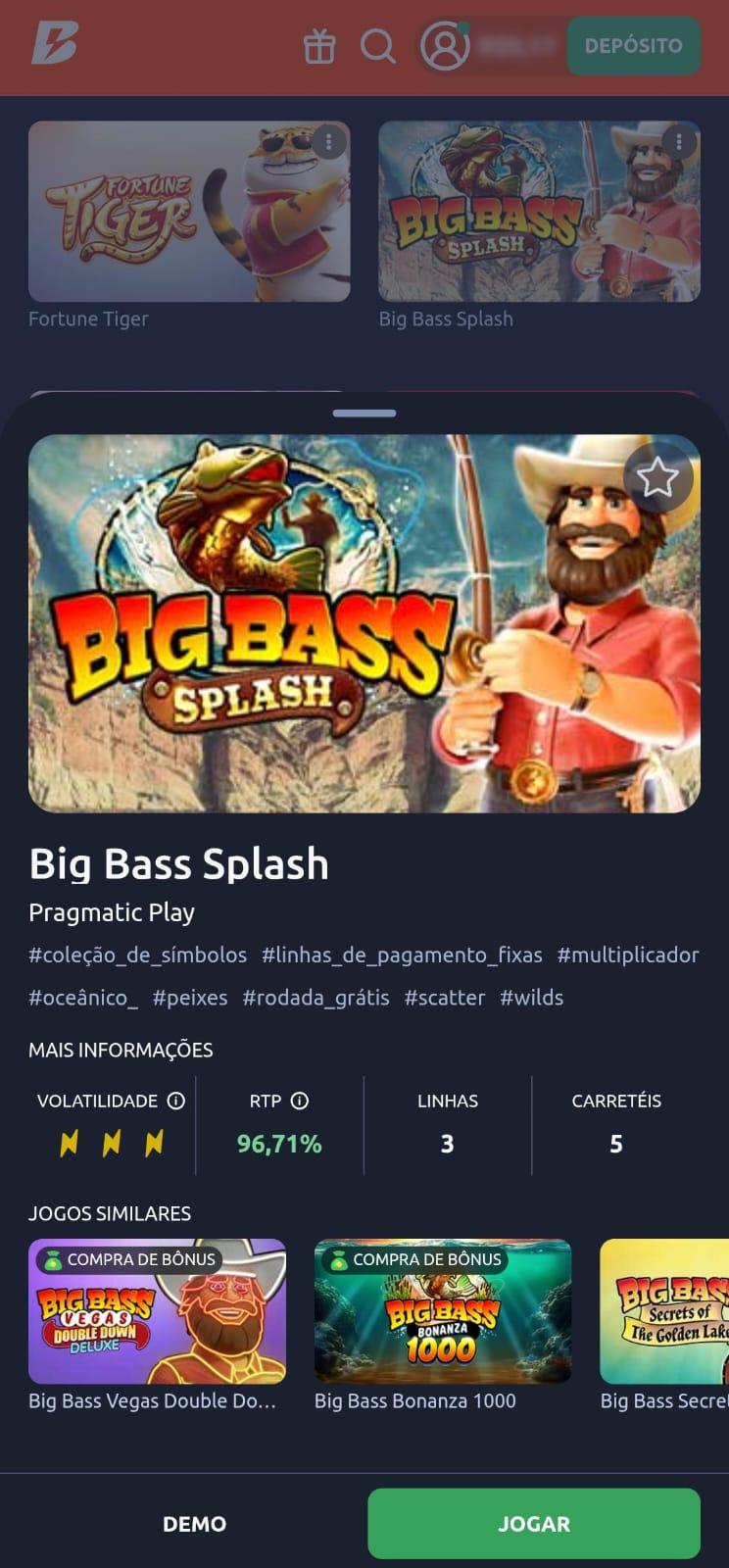  Captura de tela do slot com RTP aumentado Big Bass Splash na Betano.