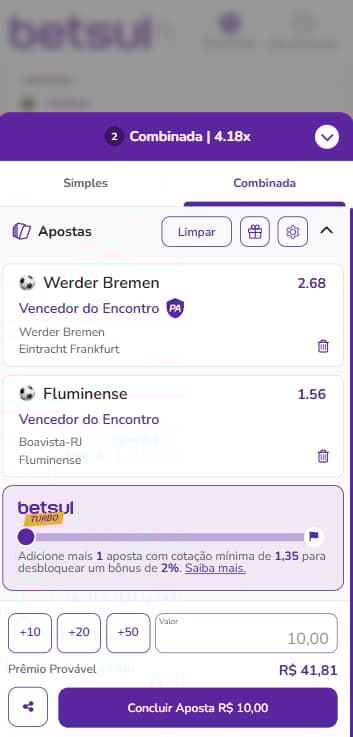 Bilhete de aposta combinada na Betsul com odds e valor total