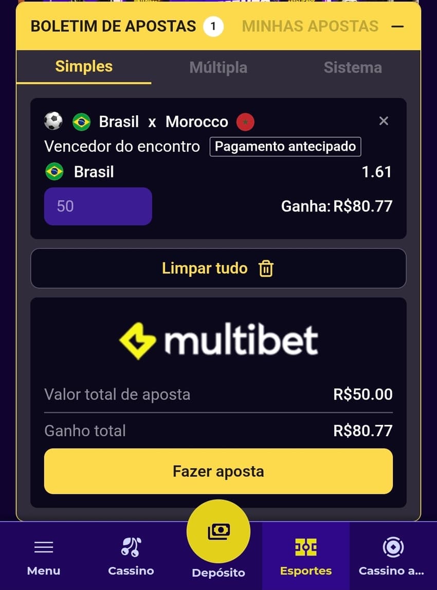 Captura de tela de uma aposta esportiva na Multibet.
