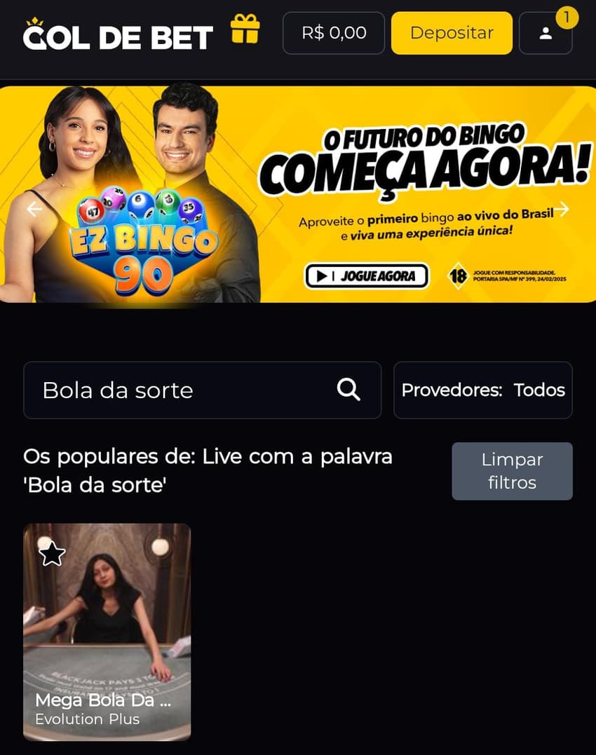 Captura de tela de bingo online na Gol de Bet