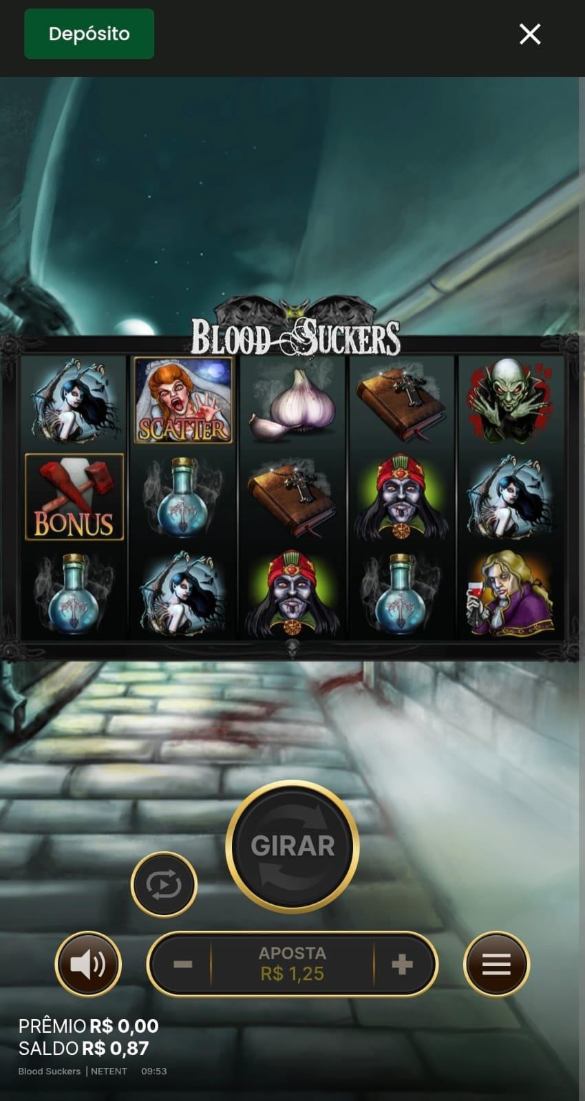 Captura de tela do slot Blood Suckers sendo jogado no cassino da Jogo de Ouro.