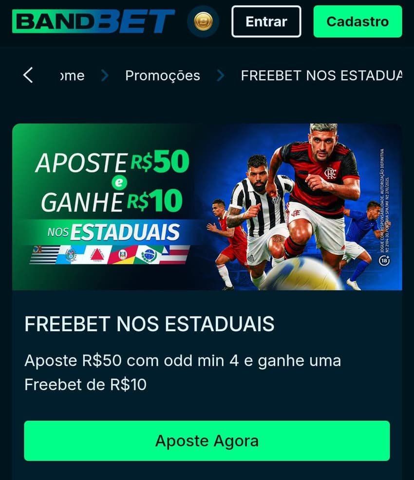 Captura de tela do bônus Band Bet para os campeonatos Estaduais.