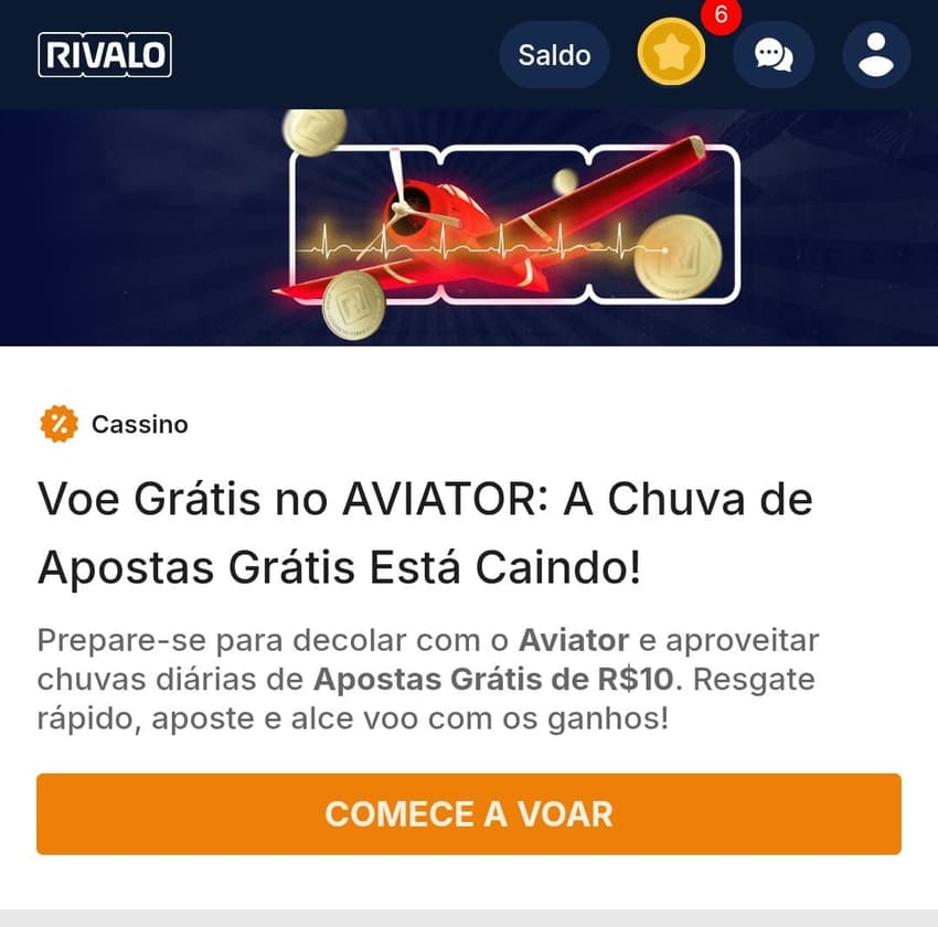 Captura de tela da promoção de aposta grátis no Aviator no cassino Rivalo