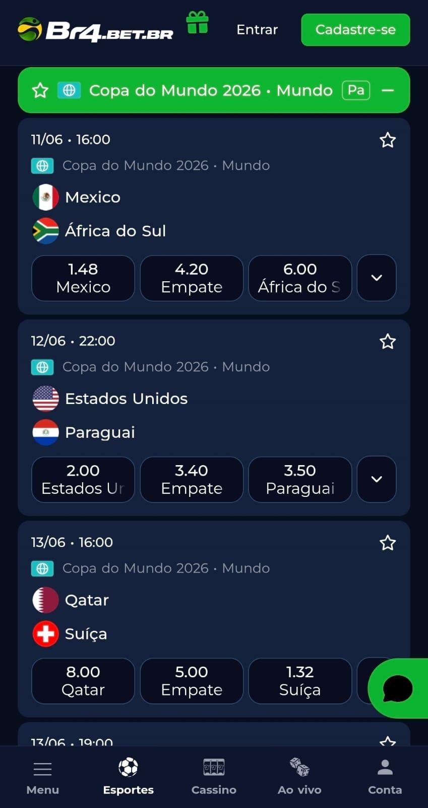 Captura de tela dos eventos e mercados de apostas na Copa do Mundo disponíveis na BR4Bet,