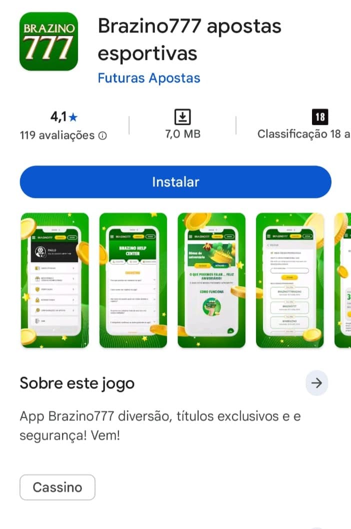 Captura da tela do app Brazino777 na Google Play Store.
