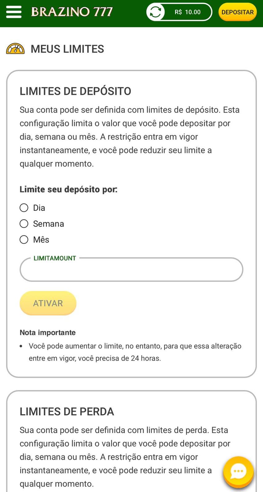 Captura da tela de limites de apostas na Brazino777.
