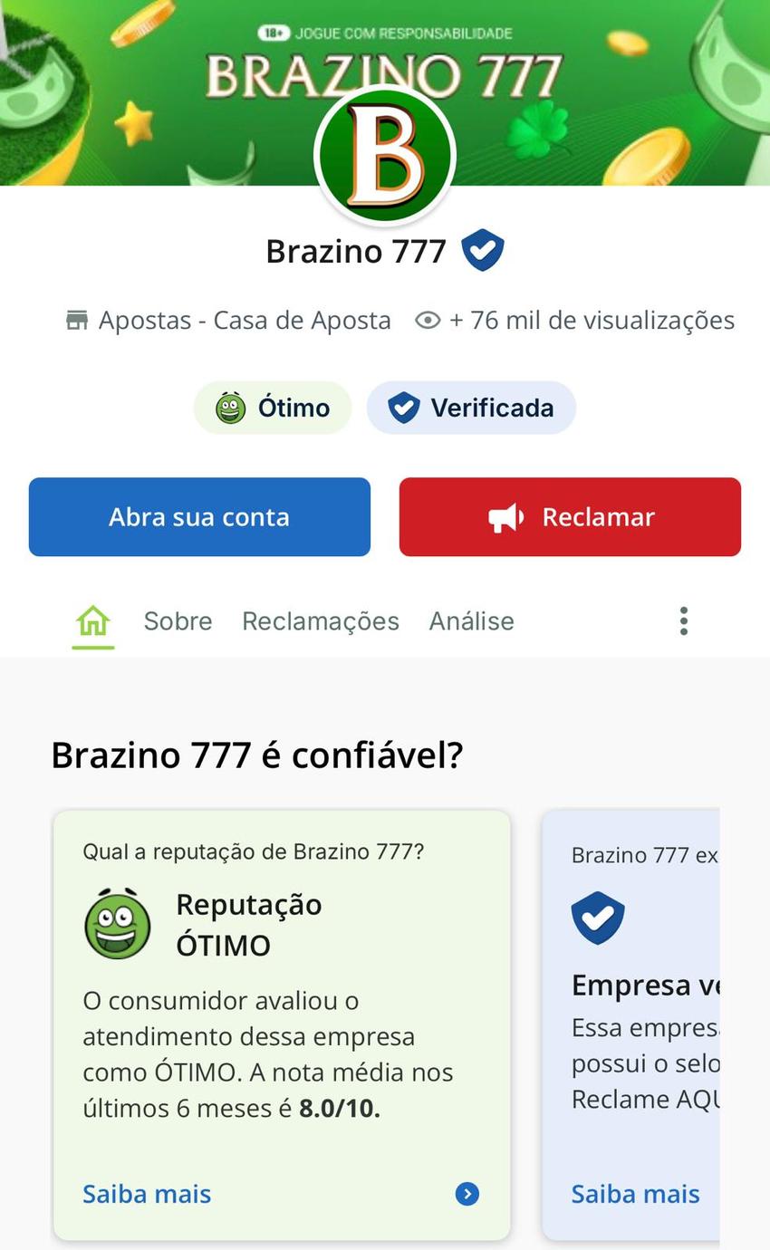 Captura de tela da conta da Brazino777 no Reclame Aqui.