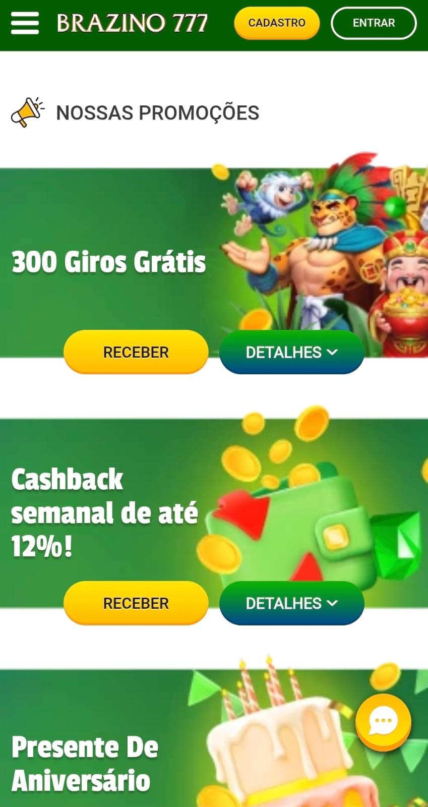 Captura de tela da oferta de 300 giros grátis disponível na Brazino777 e outras promoções ativas.