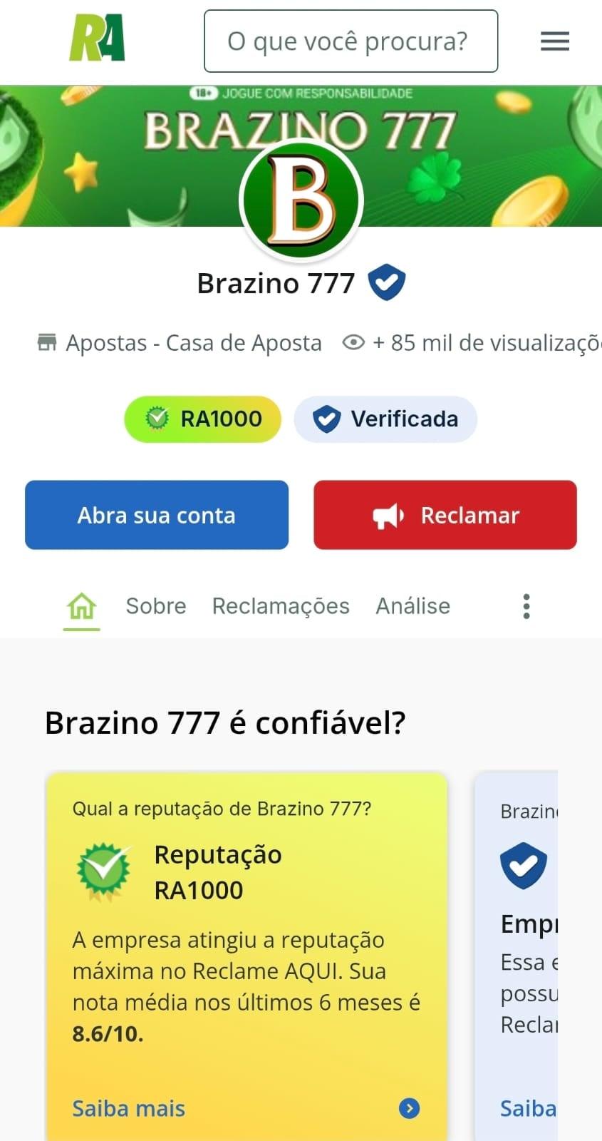 Captura de tela da página da Brazino777 no Reclame Aqui exibindo o selo de confiabilidade RA1000.