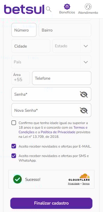 Formulário de cadastro da Betsul com campos de dados pessoais