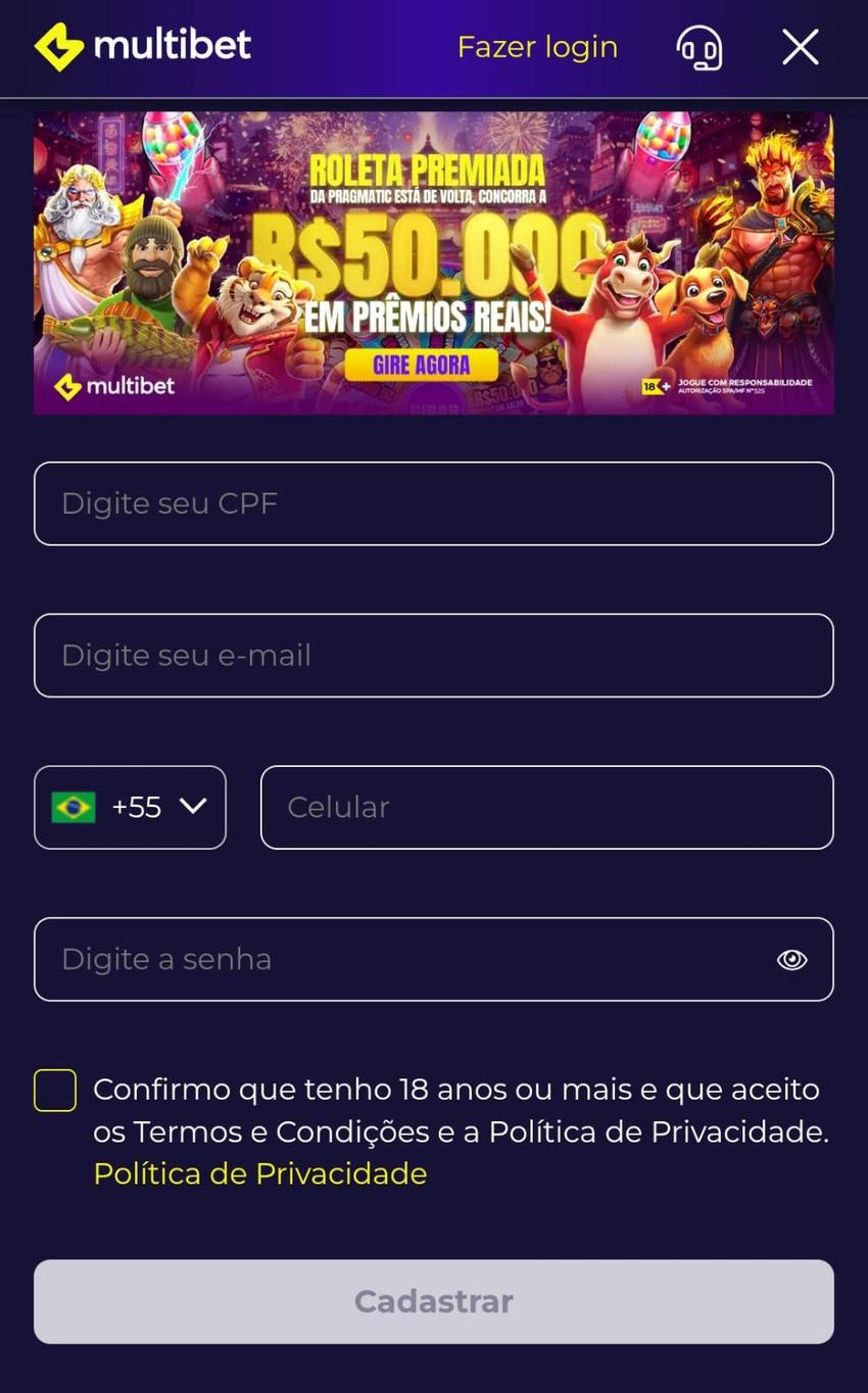 Captura de tela do formulário de cadastro na Multibet.