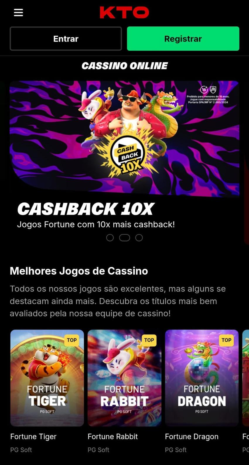 Captura de tela da promoção de cashback do cassino da KTO