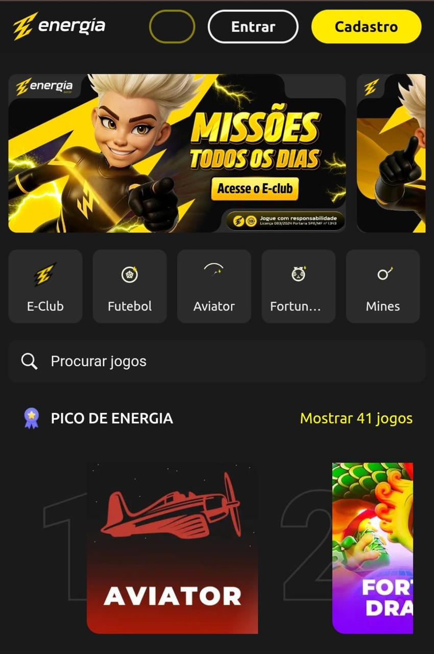 Captura de tela da página inicial de cassino da Energia Bet.