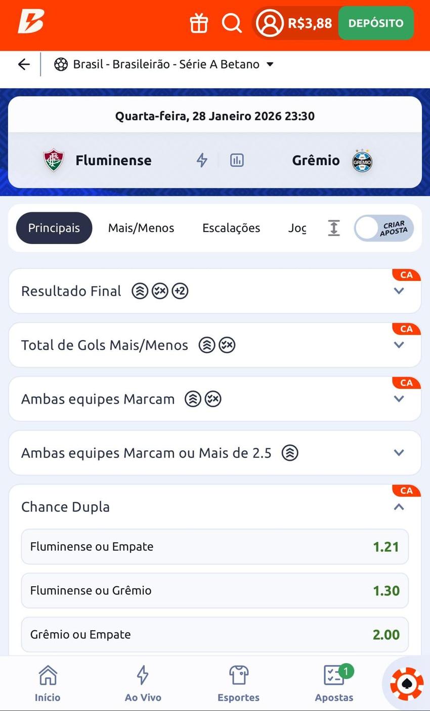 Captura de tela mostra o mercado de Chance Dupla na Betano.