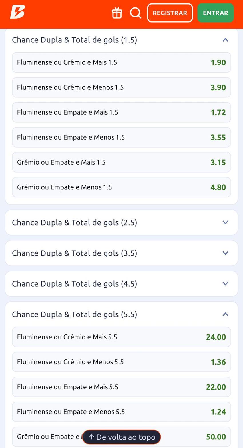 Captura de tela do mercado de Chance Dupla combinado com Total de Gols na Betano.