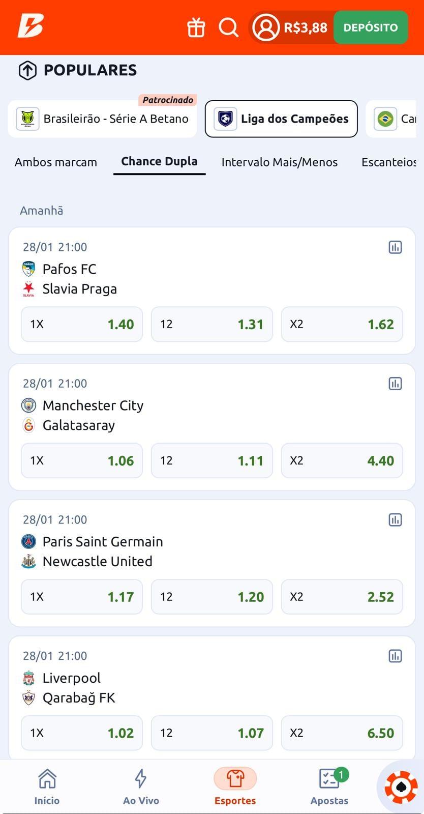 Captura de tela mostra o filtro de Chance Dupla na Betano.