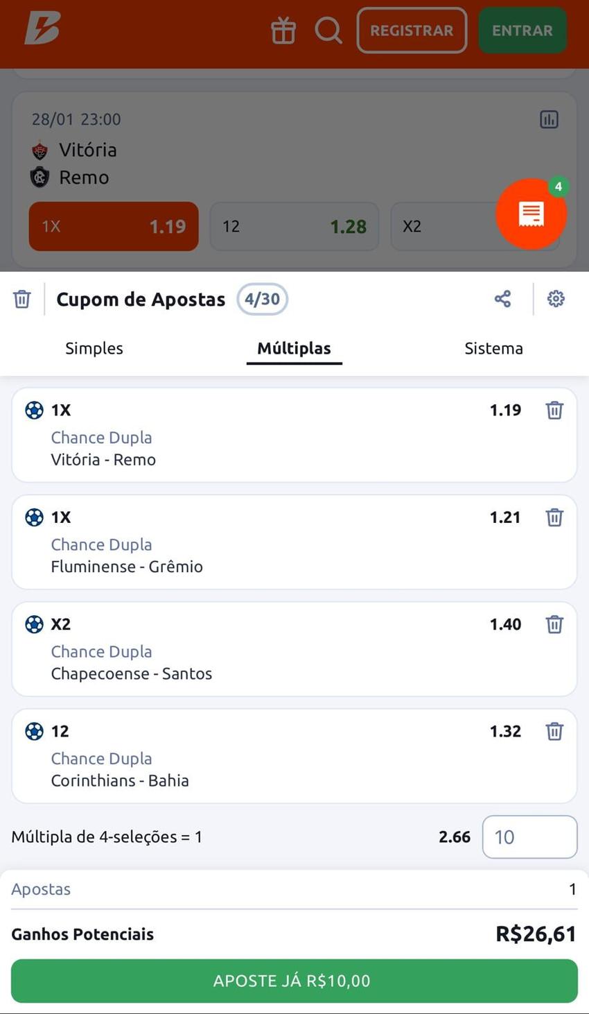 Captura de tela mostra apostas múltiplas com Chance Dupla na Betano.