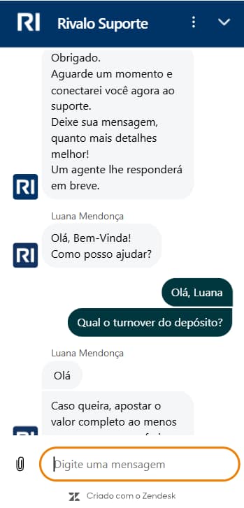 Chat ao vivo da Rivalo com atendimento ao cliente em andamento