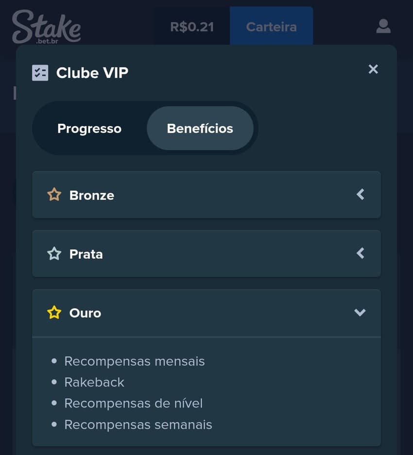 Captura de tela do progresso VIP no cassino Stake
