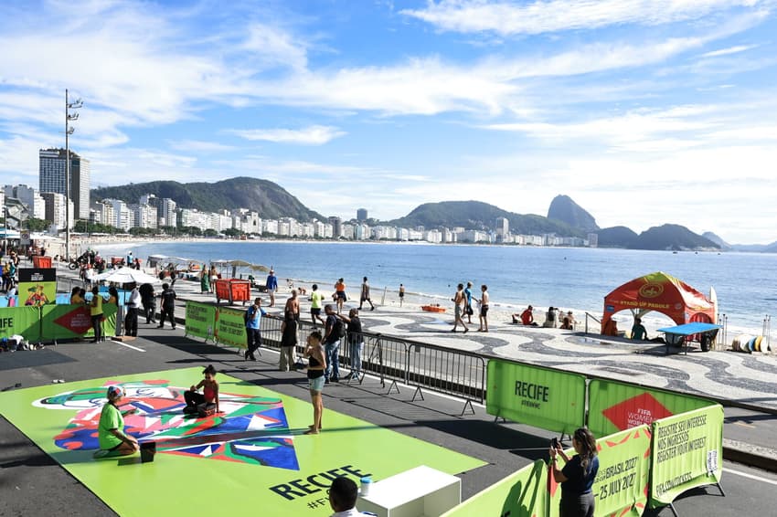 RIO DE JANEIRO, BRAZIL - JANUARY 25: A general view of the street painting as part of the FIFA Women's World Cup Brazil 2027™ tournament launch at the Copacabana beach on January 25, 2026 in Rio de Janeiro, Brazil. (Photo by Buda Mendes - FIFA / FIFA via Getty Images)