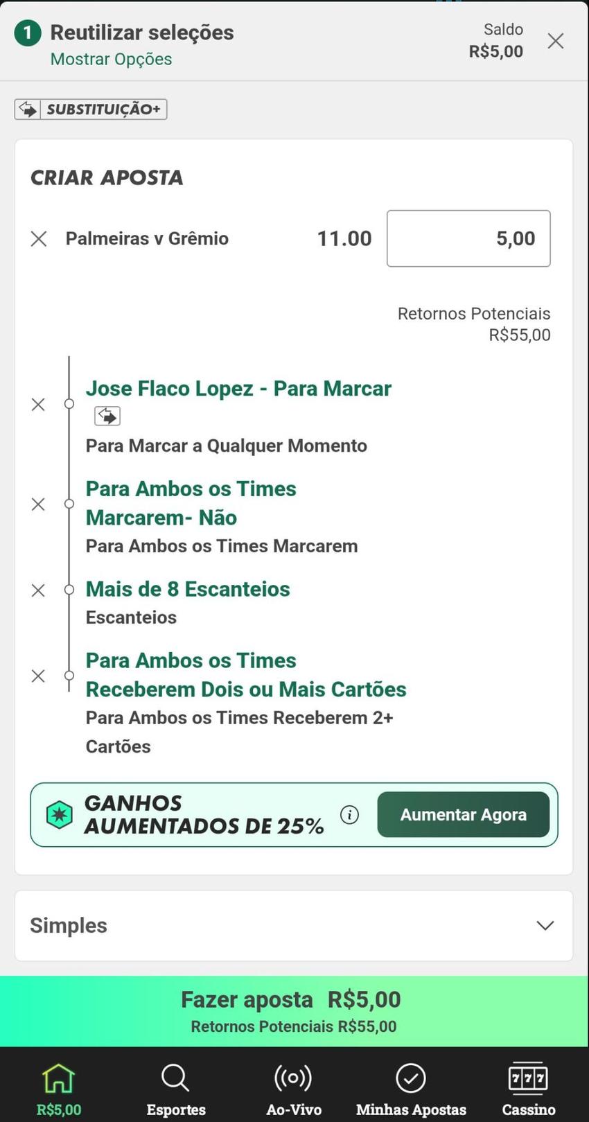 Captura de tela com a função Criar Aposta da bet365.