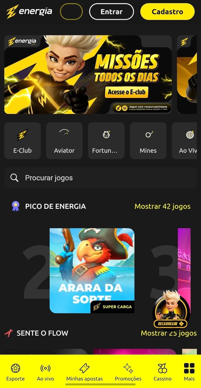 Captura da tela inicial da Energia Bet com jogos em destaque, missões do dia e botões de registro e cadastro.