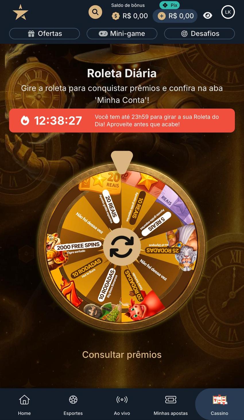 Captura de tela da Roleta Diária no site de apostas na NBA Estrela Bet.