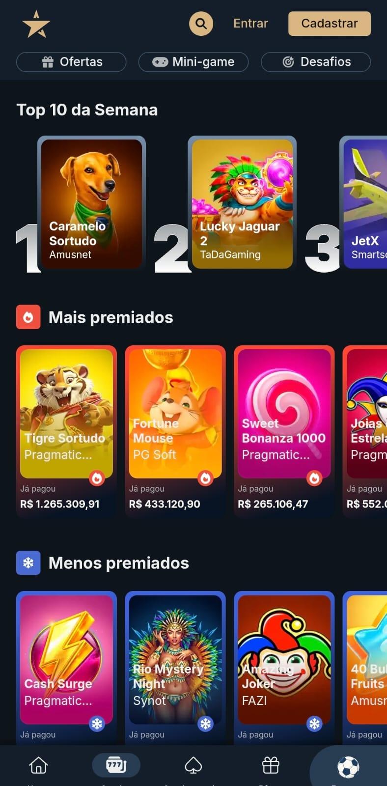 Captura de tela da página inicial da EstrelaBet com o top 10 jogos da semana e slots mais premiados para jogar com pouco.