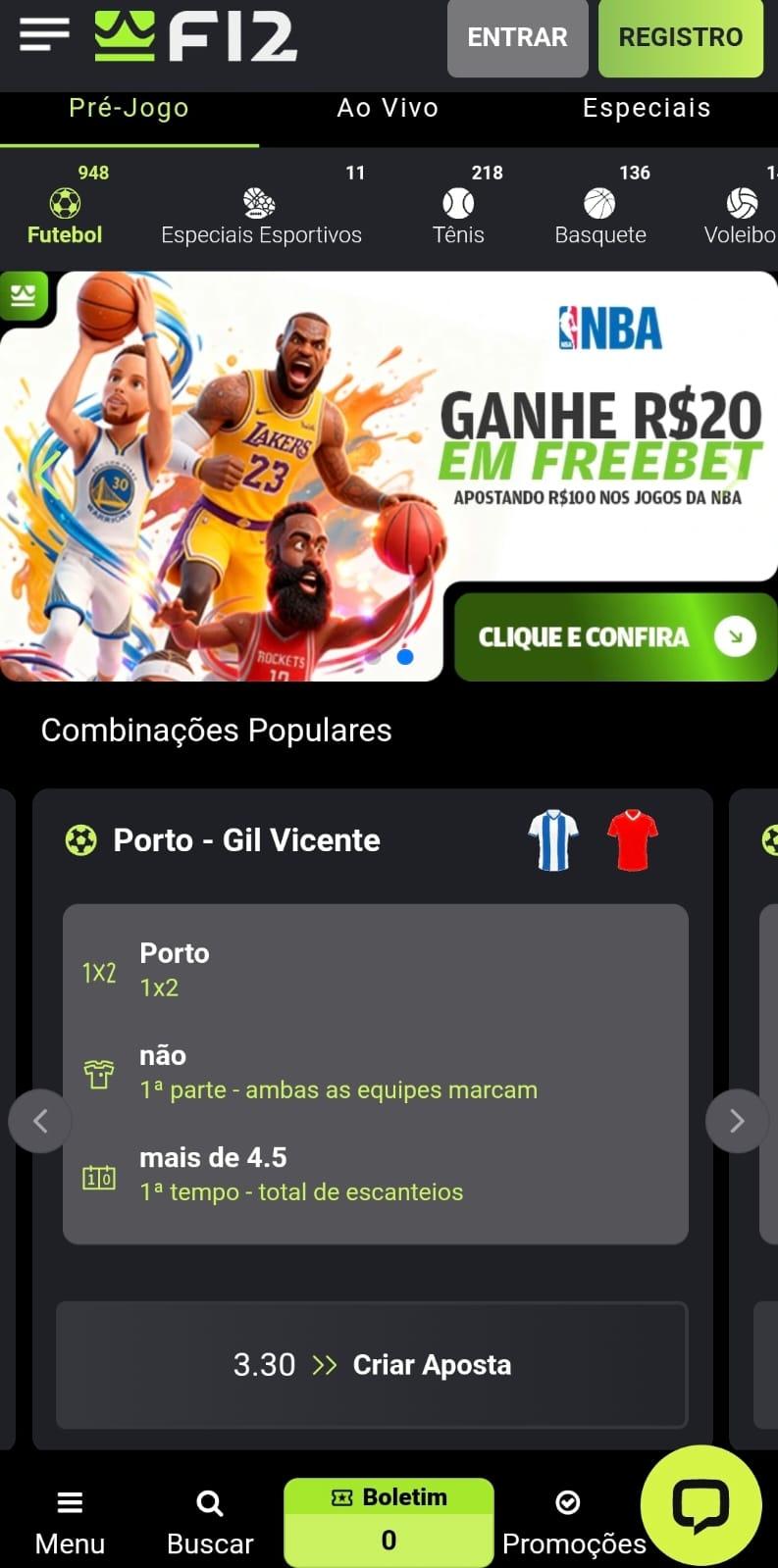 Captura de tela da página inicial da F12Bet com as combinações populares, ofertas ativas e menus de apostas.