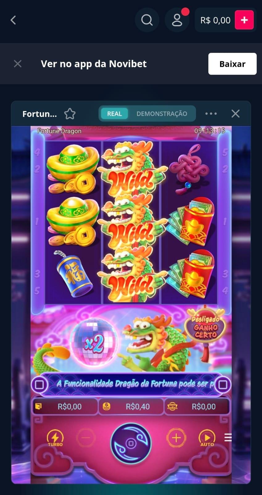 Captura de tela da sessão de jogo no Fortune Dragon, um dos melhores slots disponíveis na Novibet.