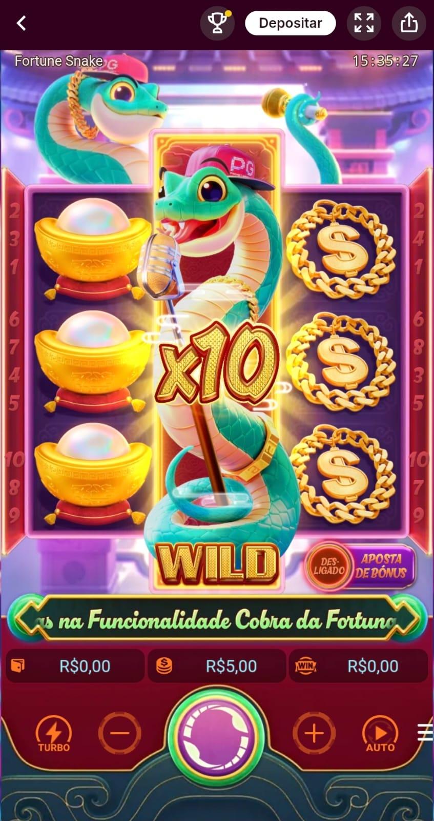 Captura de tela do Fortune Snake iniciado na Superbet, exibindo símbolos e botões de apostas.