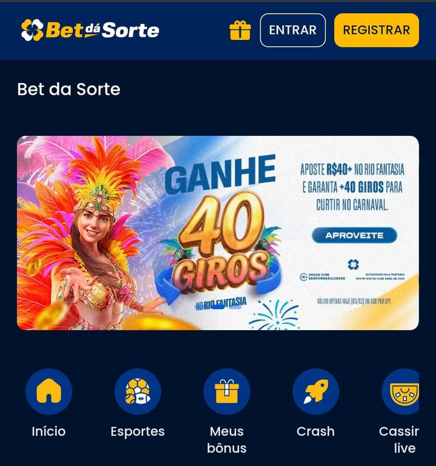 Captura de tela da promoção de giros extras da Bet Dá Sorte.