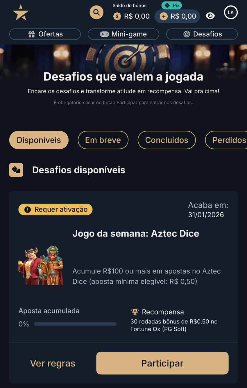 Captura da tela de desafios com giros grátis na Estrela Bet.