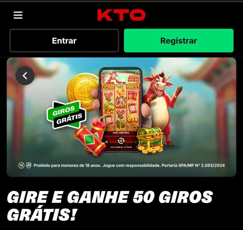 Captura de tela do bônus de giros grátis Gire e Ganhe na KTO