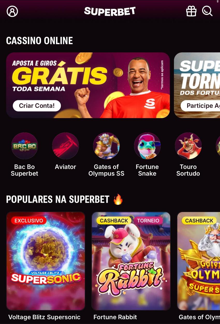 Captura da tela de cassino da Superbet, uma casa com giros grátis toda semana.