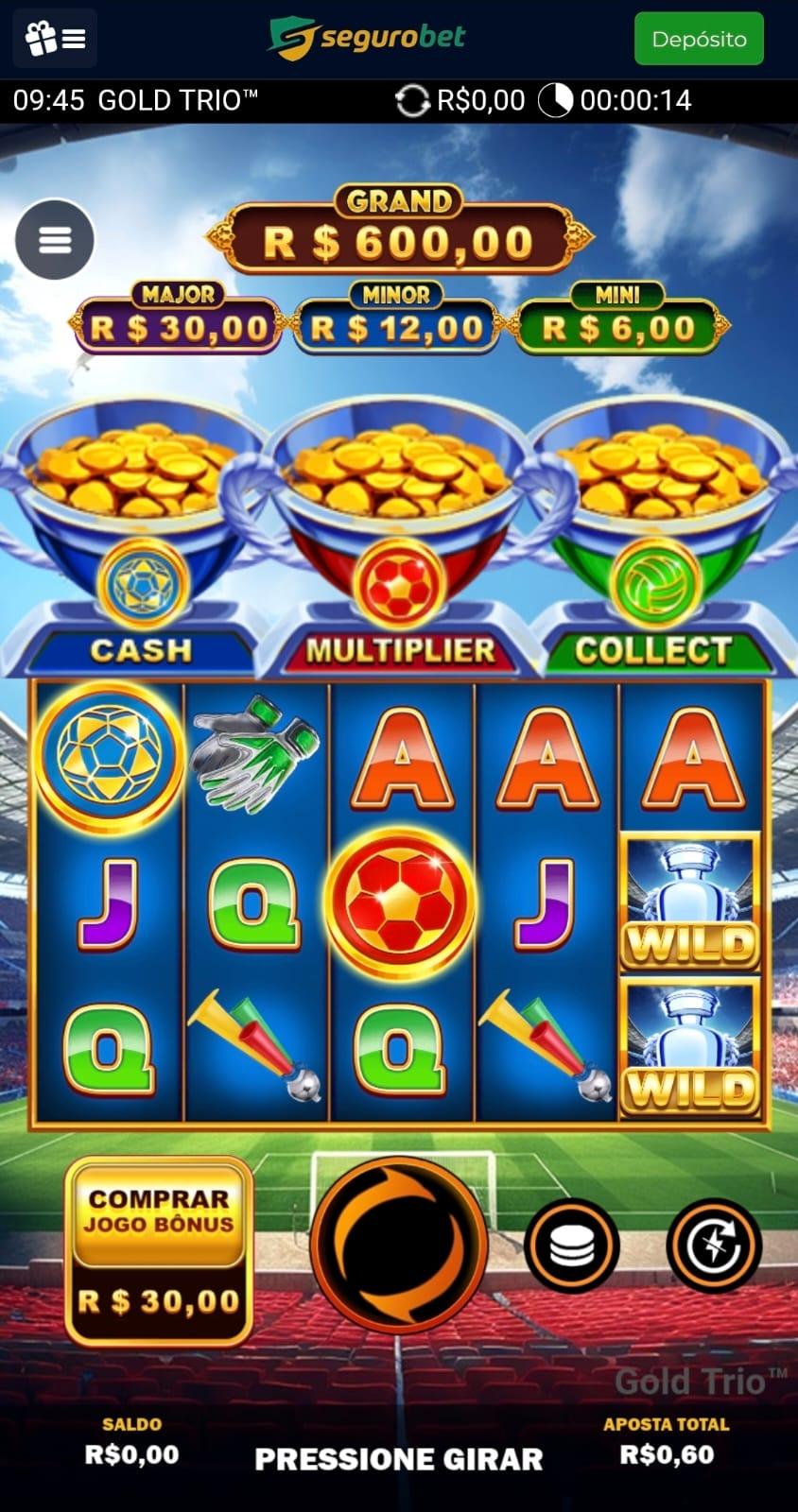 Captura de tela de uma sessão de apostas no slot Gold Trio Football na página da SeguroBet.