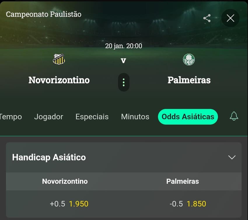 Captura de tela da aba "Odds Asiáticas" com Handicap Asiático na bet365.