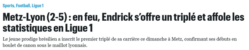 Jornal "Le Parisien" sobre a atuação de Endrick na partida entre Metz e Lyon (Foto: Reprodução/Le Parisien)