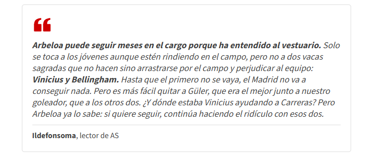 Mensagem de torcedor espanhol falando sobre o Real Madrid no AS (Foto: Reprodução/AS)