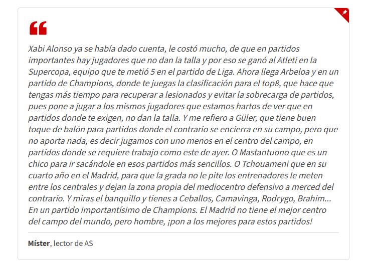 Mensagem de torcedor espanhol falando sobre o Real Madrid no AS (Foto: Reprodução/AS)