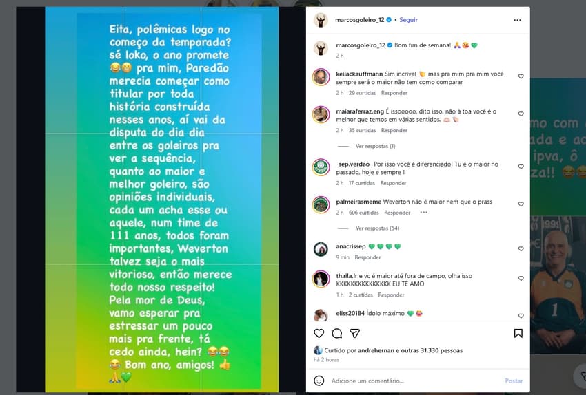 Marcos rebate fala de Abel Ferreira após estreia do Palmeiras no Paulistão (Foto: Reprodução/Redes Sociais)