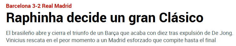 Jornal "Marca" sobre a atuação de Raphinha na final da Supercopa da Espanha de 2025 (Foto: Reprodução/Marca)