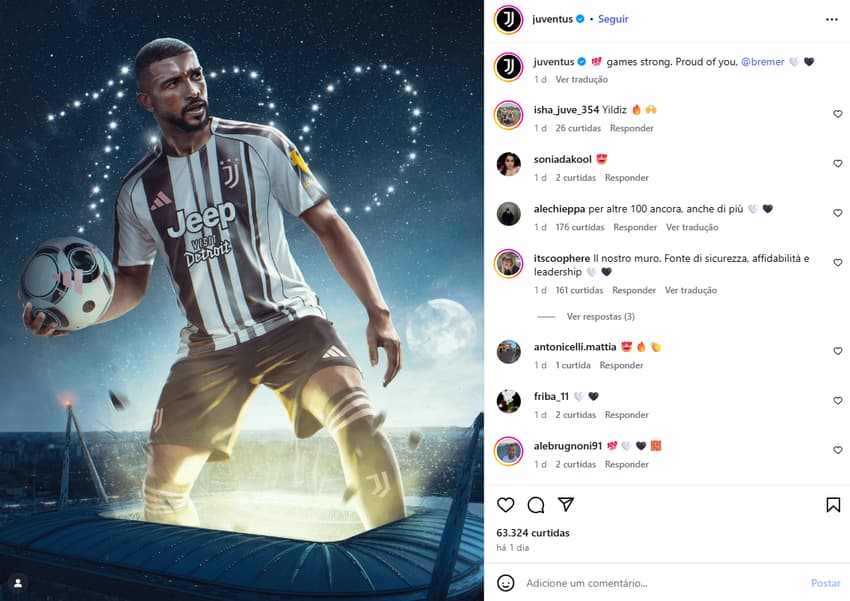 Publicação da Juventus em homenagem aos 100 jogos disputados por Bremer (Foto: Reprodução Instagram/@juventus)