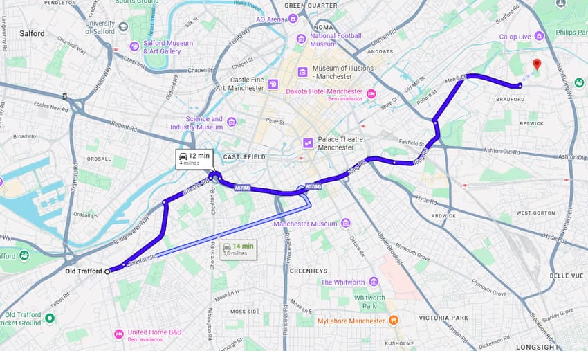 Distância entre o Old Trafford e o Etihad Stadium (Foto: Reprodução/Google Maps)
