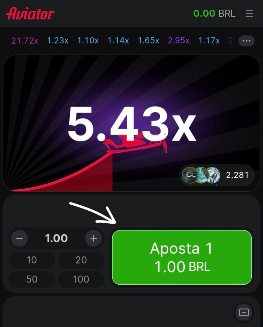 Captura de tela de uma rodada no Aviator da KTO com botão de apostas e multiplicadores.