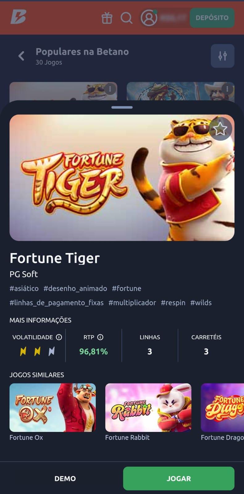 Captura de tela do jogo do tigrinho Fortune Tiger na Betano.