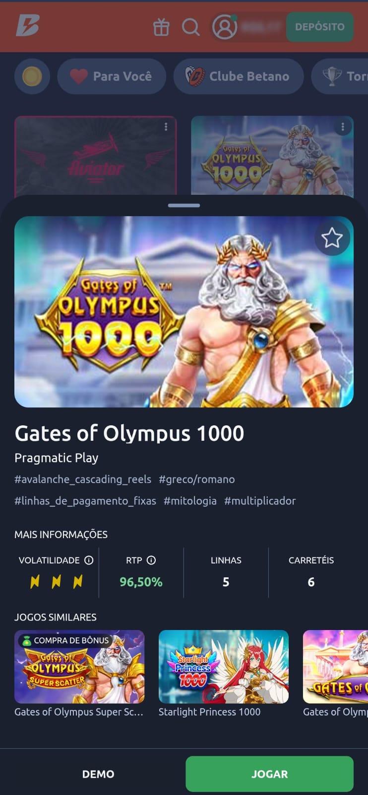 Captura de tela do jogo do velho do raio Gates of Olympus do cassino Betano.