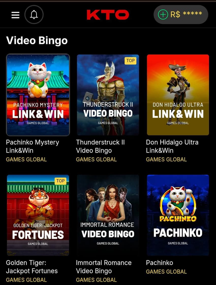 Captura de tela dos jogos de bingo online na KTO