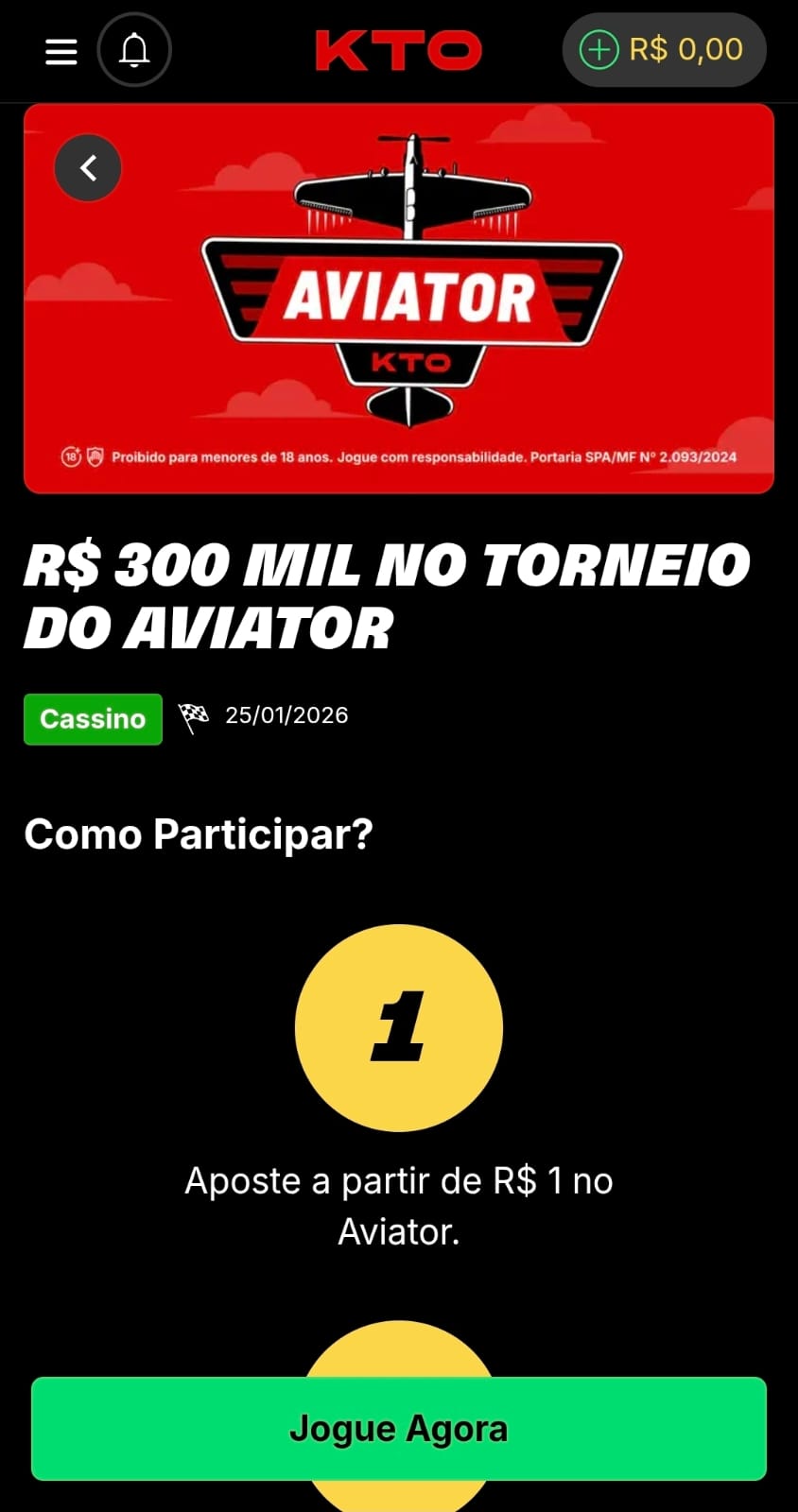 Captura de tela da KTO, a melhor plataforma para jogar Aviator, com detalhes sobre o torneio no jogo do avião.
